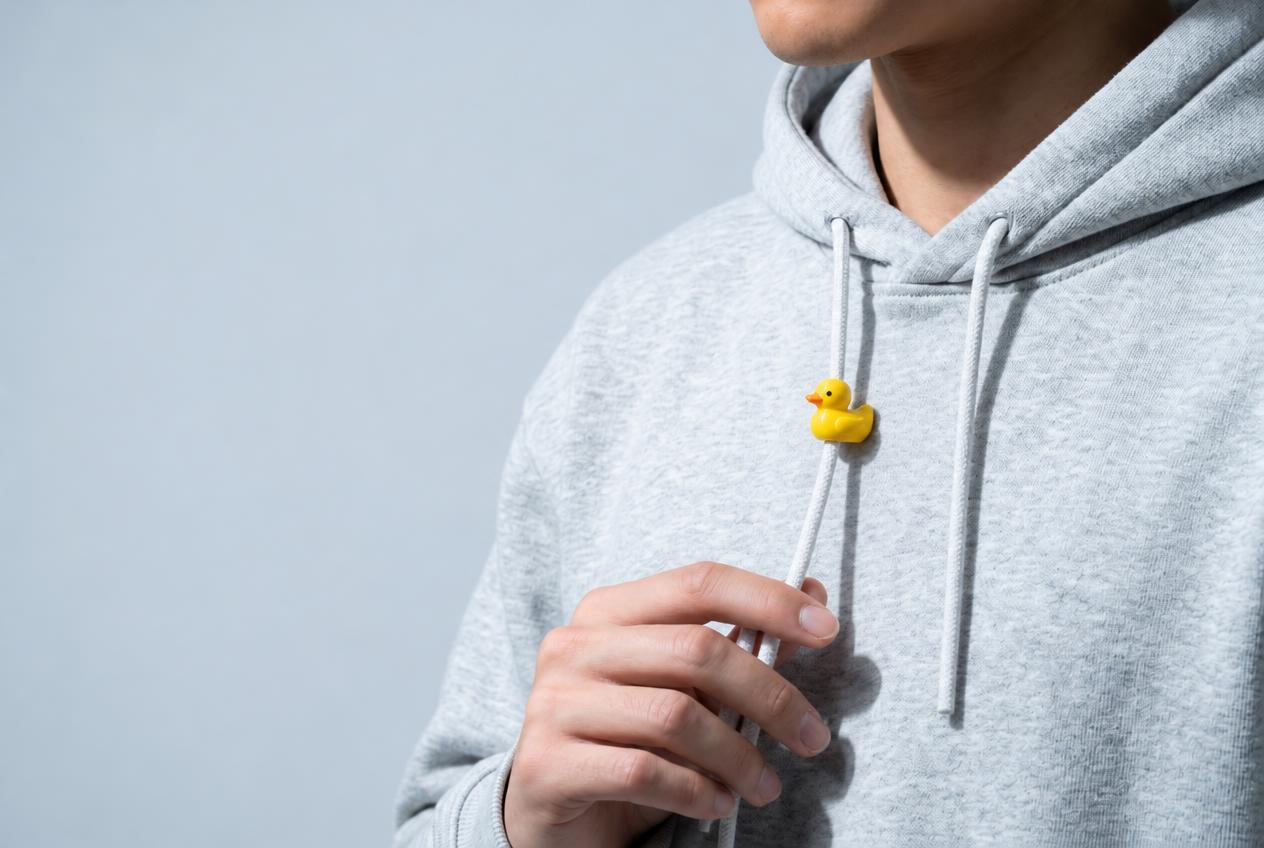A glossy yellow duckie charm on a grey hoodie's drawstring